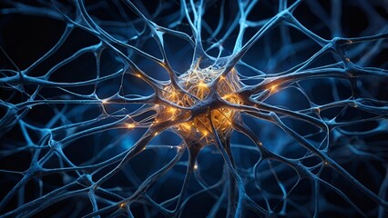 A network of electric blue neurons intertwining, each one pulsing with vibrant energy and intricate connections.