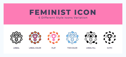 Fototapeta premium Feminist icon set. outline. glyph black. flat color and filled line color