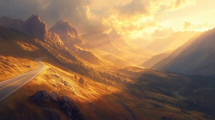 Naklejka premium Breathtaking golden hour over mountains with a winding road through scenic landscape and vibrant sky near valley