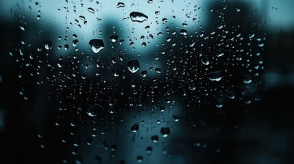 A dynamic composition of raindrops on a window glass with city lights blurred in the background, evoking a sense of urban melancholy and a contemplative mood, ideal for creative designs.