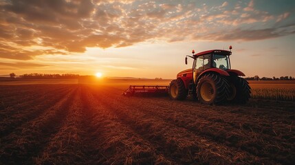 Fototapeta premium A tractor drives through a field at sunset.
