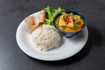  Thai Green Curry isolated on gray marble table background 
