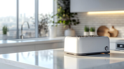 Fototapeta premium A modern white kitchen countertop with a toaster, white ceramic decor