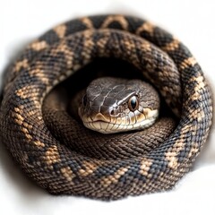 Fototapeta premium Coiled Beauty A Close-Up Portrait of a Strikingly Patterned Snake on White Background