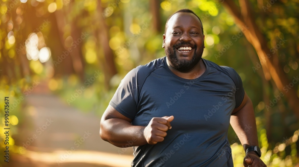 Poster a man is running in a forest with a smile on his face