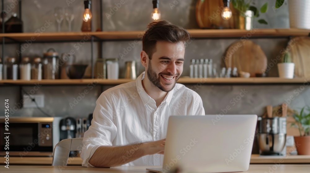 Aufkleber a man is sitting at a table with a laptop in front of him
