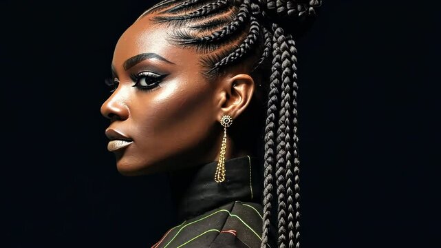 African woman with intricate braided hairstyle and gold earrings in profile. Dark-skinned model showcasing elegant cornrows and makeup against black background.