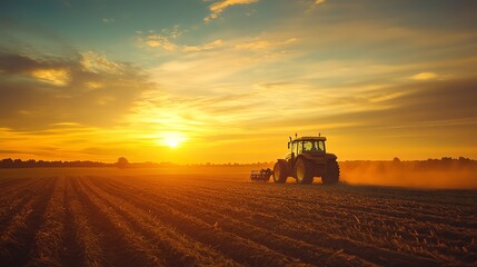 Fototapeta premium A tractor drives through a field at sunset.
