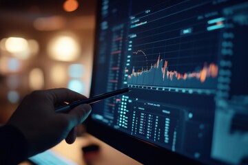 Layar komputer menampilkan grafik yang berfluktuasi, yang menunjukkan tren naik dan turun. Tangan yang memegang pensil menunjuk ke monitor, yang menunjukkan analisis langsung atau diskusi tentang tren