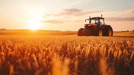 Fototapeta premium A tractor drives through a field of wheat at sunset.