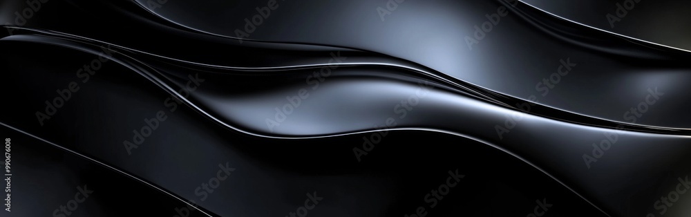 Aufkleber Smooth black waves of fabric drape over a surface, creating an elegant and modern visual texture in soft light