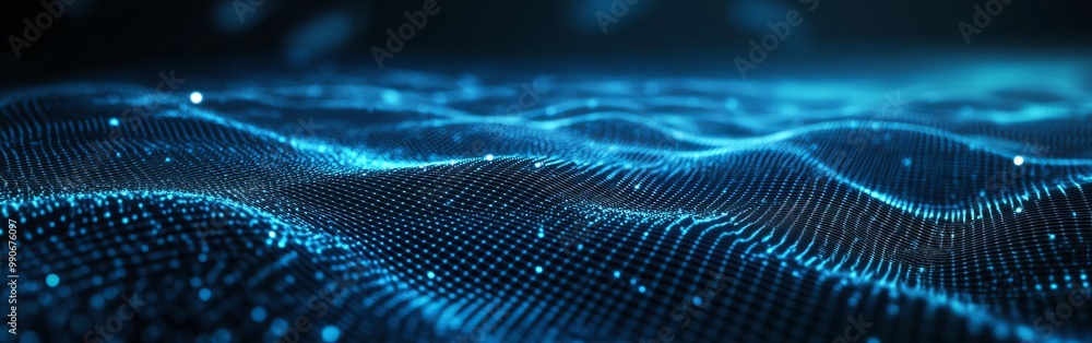 Poster dynamic blue wave patterns illuminated in a digital landscape showcasing intricate connections and t