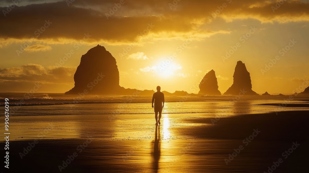Aufkleber a person walks along the beach at sunset with crashing waves and dramatic rock formations in the bac