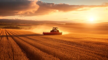 Fototapeta premium A tractor drives through a field of wheat at sunset.