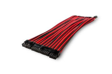 This image showcases a black and red computer cable isolated on a clean white background, perfect for various design applications in print, web, marketing, and advertising.