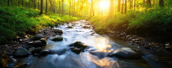 A serene view of a flowing stream amidst lush green trees, illuminated by the warm glow of the morning sun.