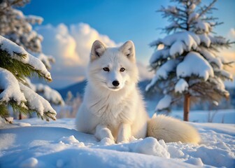 Obraz premium Arctic fox stretches out on the snowy clearing, flanked by snow-covered trees and a brilliant blue sky shining