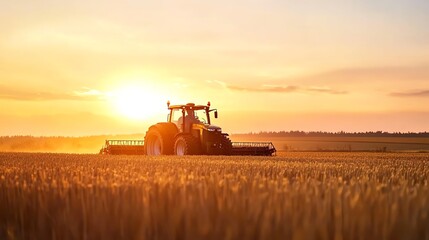 Fototapeta premium A tractor is working a field at sunset.