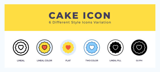Cake icon symbol set. outline. glyph black. flat color and filled line color.