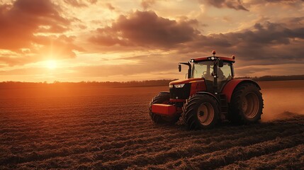 Obraz premium A tractor drives through a field at sunset.