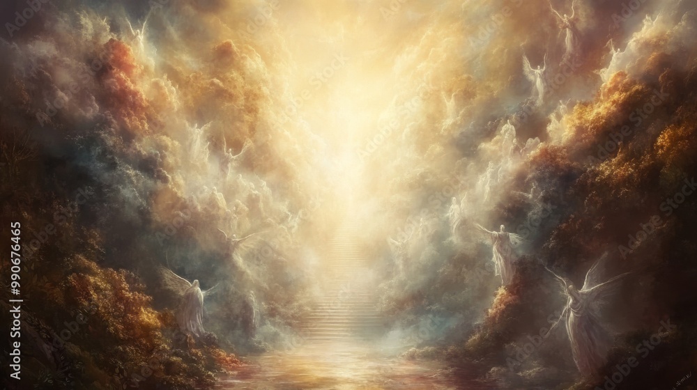 Poster ethereal landscape with angels ascending a staircase illuminated by a radiant light at dawn, surroun