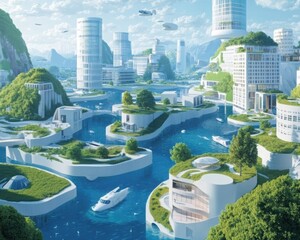 A vibrant futuristic cityscape featuring floating buildings, lush greenery, waterways, and flying vehicles, showcasing advanced urban living and sustainability.