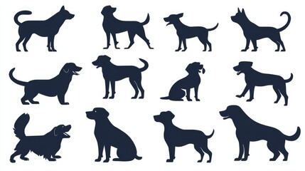Obraz premium A delightful collection of vector silhouettes featuring different dog breeds engaged in playful activities, each capturing the essence and personality of our beloved pets.
