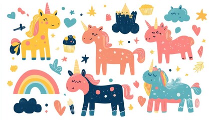 Explore a delightful assortment of unicorns alongside charming fairytale characters, castles on clouds, and a sprinkle of sweets, all set in a dreamlike fantasy realm.