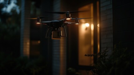 In the twilight, a drone hovers near a dimly lit house, capturing the quiet ambiance of the evening, showcasing the intersection of technology with residential life.