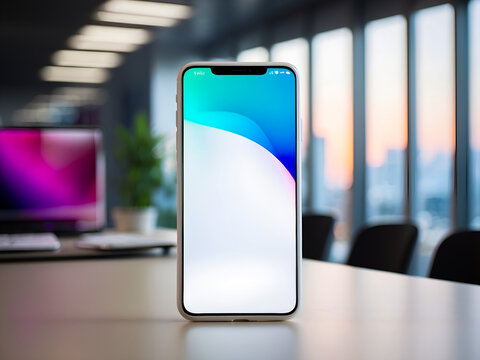 Purple Gradient Phone Mockup on Office Desk