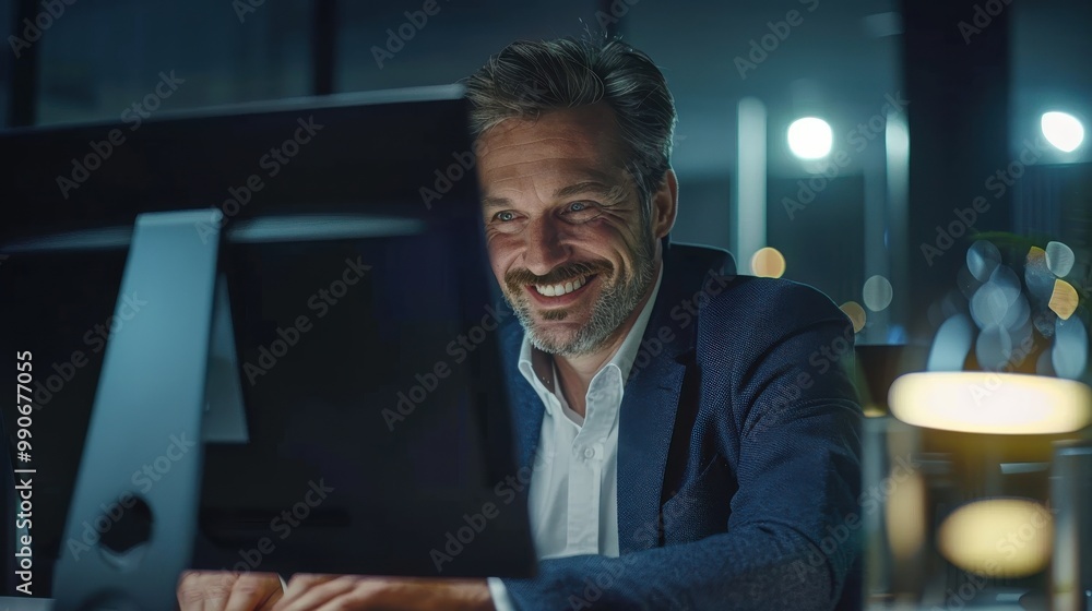 Aufkleber a man is sitting at a computer with a smile on his face