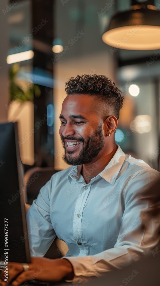 Aufkleber A man with a beard and a smile is sitting in front of a computer
