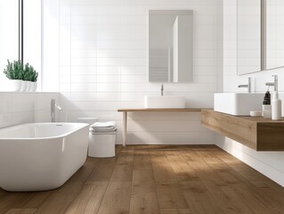 A bathroom with white walls, brown wood-look ceramic flooring, and white under-sink cabinetry