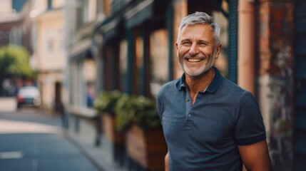 A man in a blue polo shirt is smiling and standing on a city street