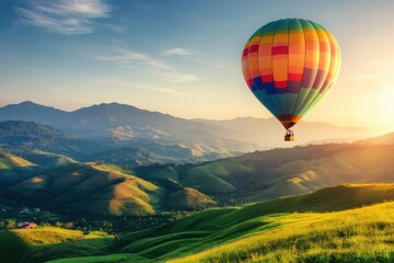 Naklejka premium Vibrant hot air balloon floating over rolling green field