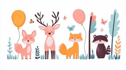 Fototapeta premium Colorful forest animals gather with cheerful balloons to celebrate a birthday girl, creating a joyful atmosphere perfect for nursery decor or a baby shower invitation.