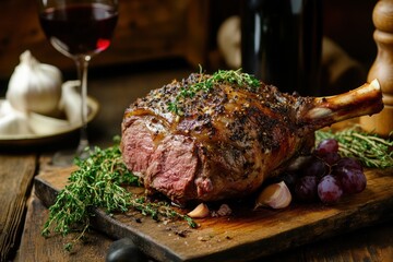 Herb seasoned roast lamb leg and red wine