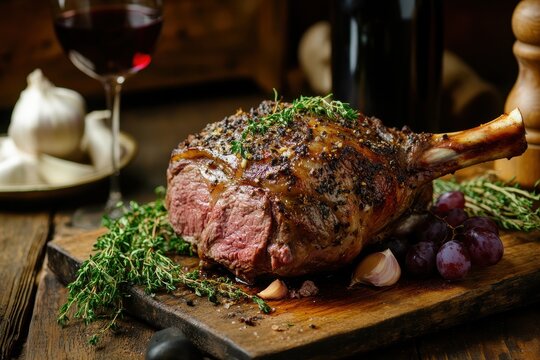 Herb seasoned roast lamb leg and red wine