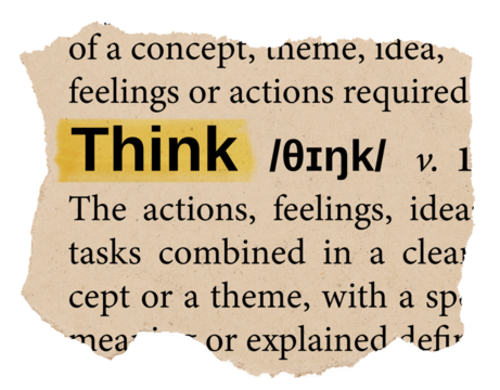 Think png word sticker, torn paper dictionary, transparent background