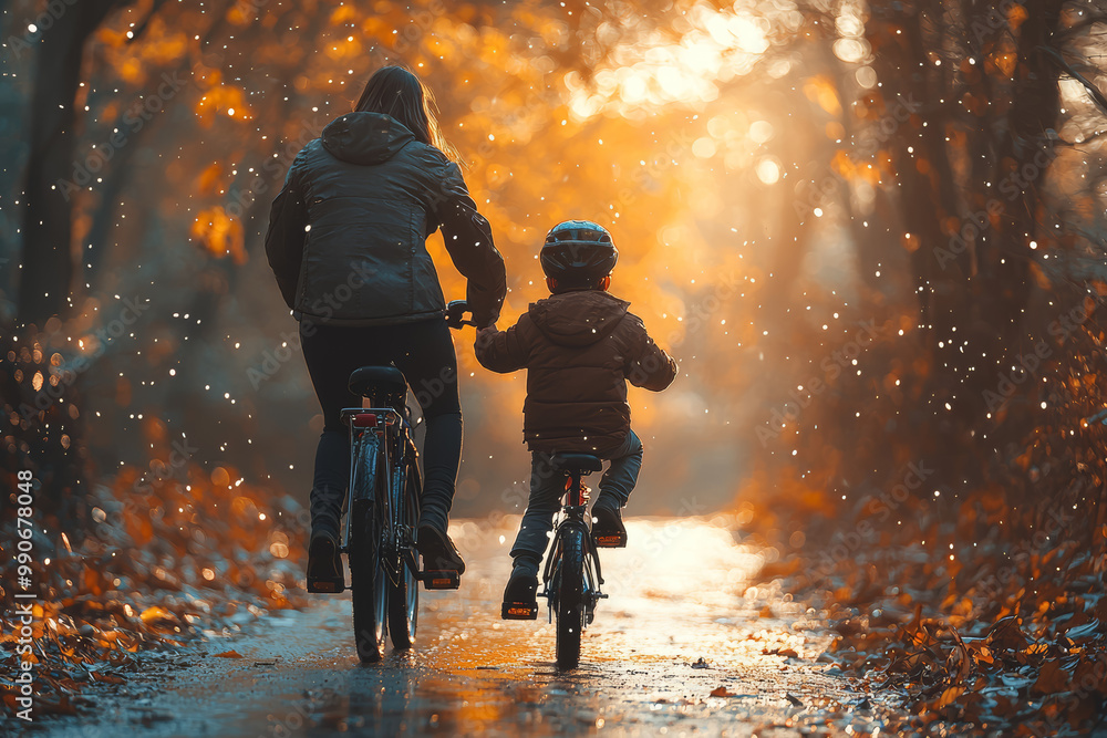 Poster a parent teaching their child to ride a bicycle in a safe and open area, offering guidance and encou
