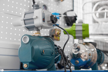 Pumping station for home water heating systems display in plumbing store