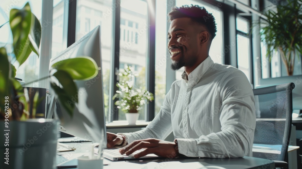 Poster a man is sitting at a desk with a computer monitor