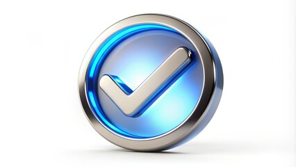 A shiny, tick-shaped certification symbol pulses with a radiant blue glow, embossed on a crisp white surface,