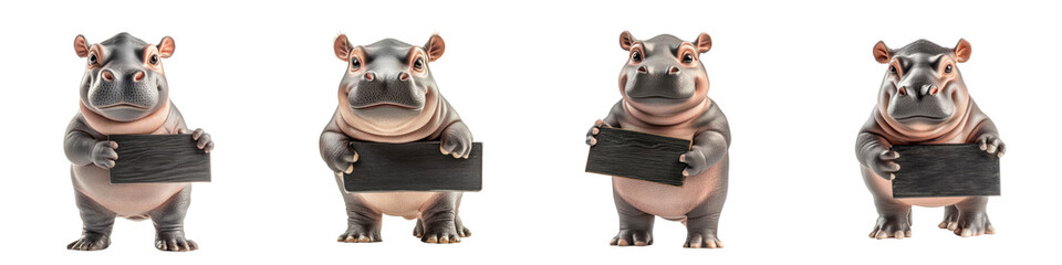 Obraz premium Cute hippos holding blank signs, white isolate background.
