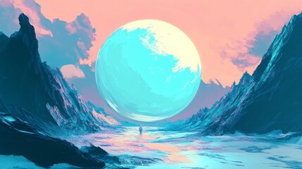 Bright circle object. Digital painting. Fictional abstract realm. Futuristic concept art. Colorful artistic landscape. 