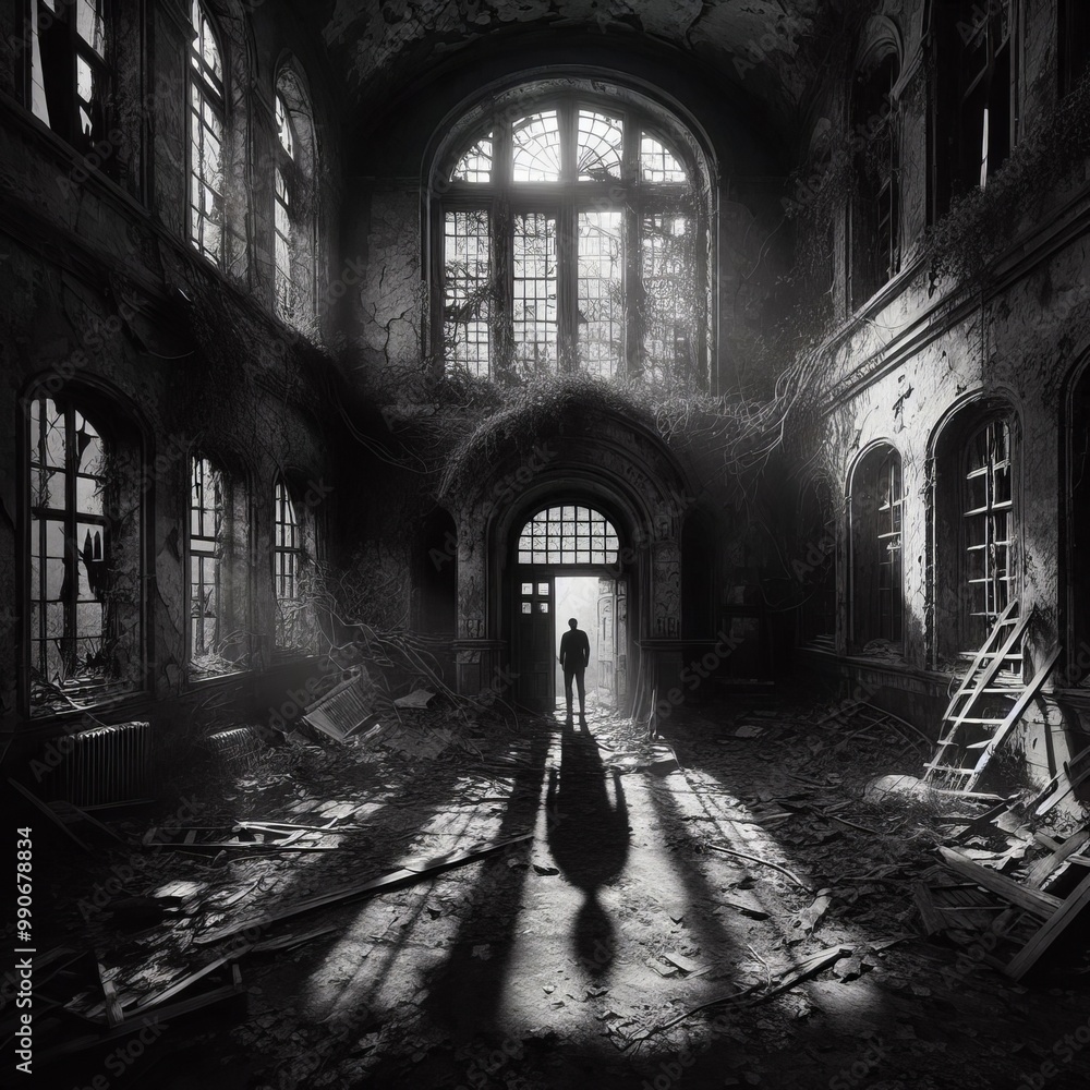 Poster an abandoned building interior with beams of light filtering through dusty windows. a solitary shado