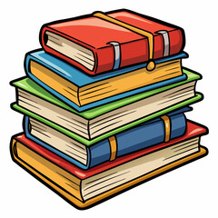 Stack of colorful books in a cartoon style, each uniquely bound, representing fun and knowledge. Great for educational or playful graphic designs.