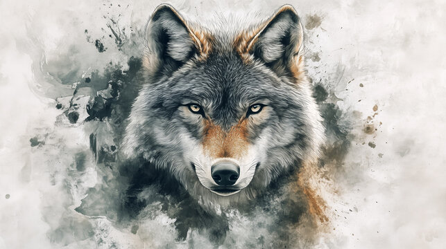 Wolf on abstract watercolor background.

