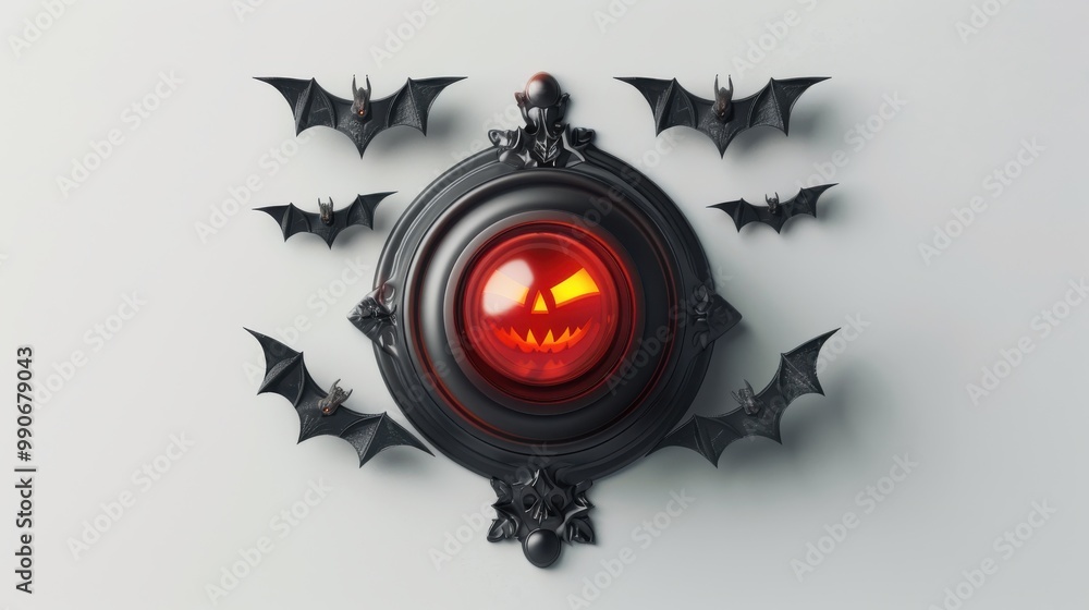 Aufkleber a black and red glowing orb with a face on it surrounded by bats