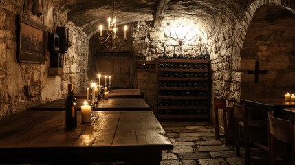 Fototapeta premium Cozy wine cellar with rustic charm featuring candlelight, wooden tables, and stone walls in a historic building, inviting relaxation
